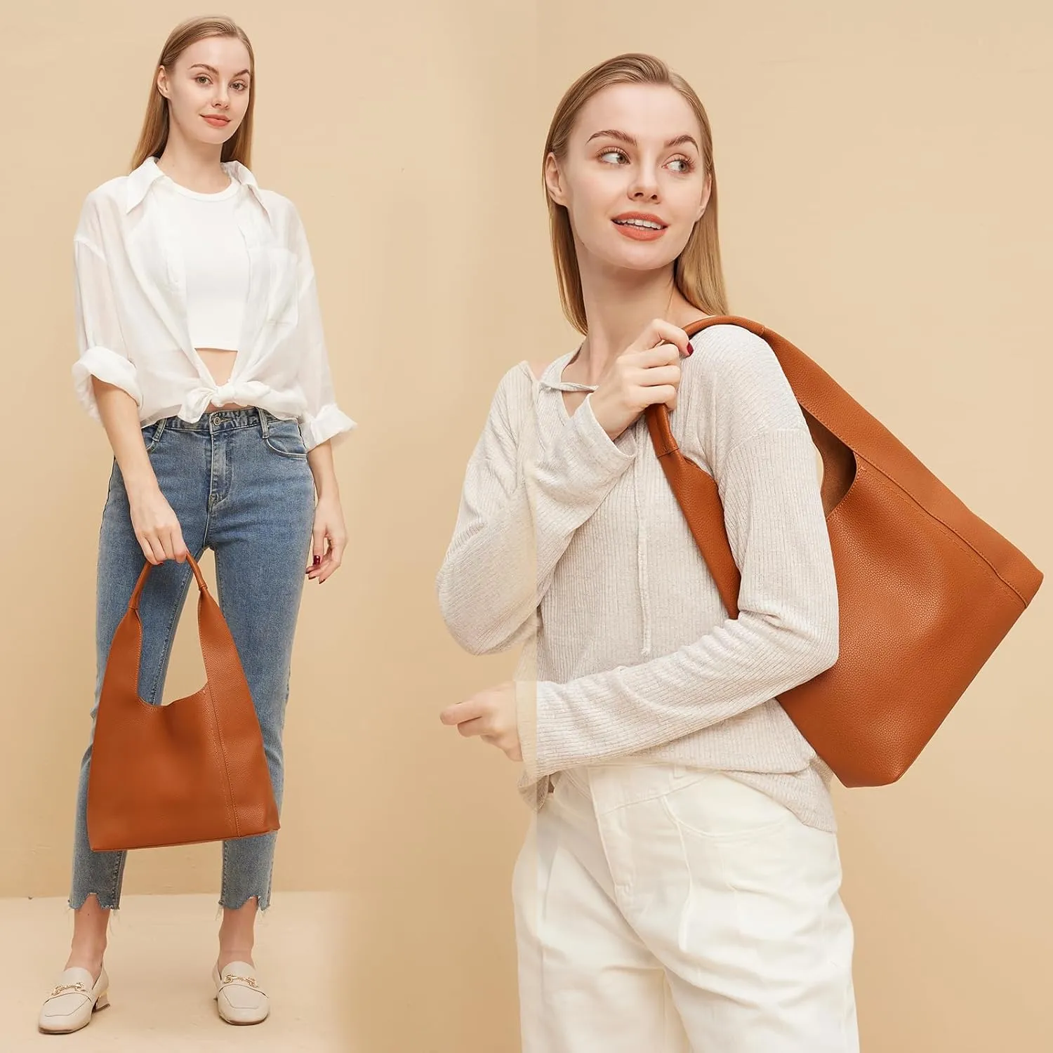 Slouchy Hobo Bags for Women, Shoulder Handbag Purse 2pcs Soft Tote Work Bag PU Leather Top Handle Bag
