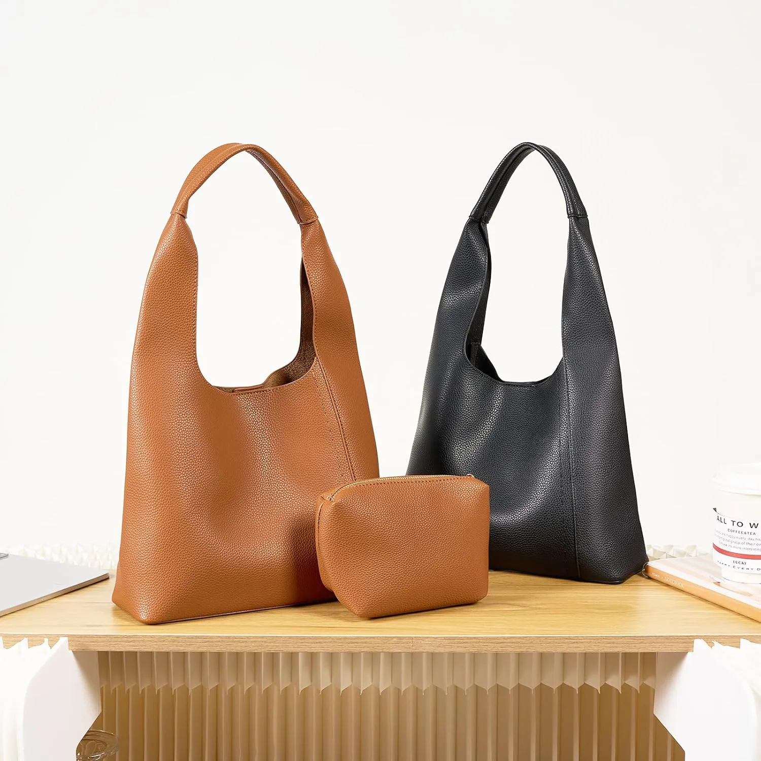 Slouchy Hobo Bags for Women, Shoulder Handbag Purse 2pcs Soft Tote Work Bag PU Leather Top Handle Bag