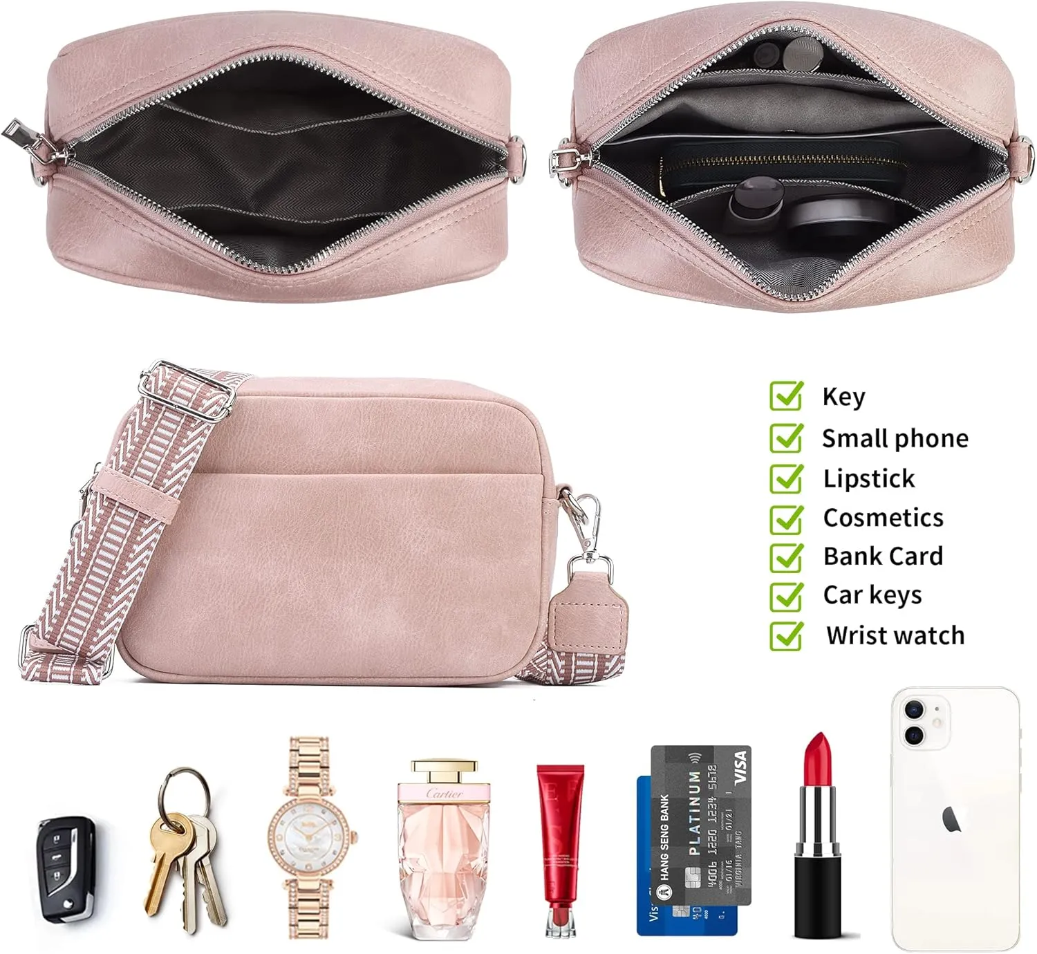 Small Crossbody Bag with Wide Guitar Strap Camera Purse Shoulder Handbag Satchel