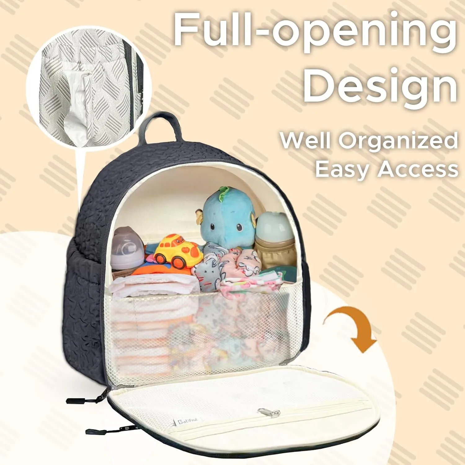 Small Diaper Backpack with 180° Opening,Small Diaper Backpack Bag with 23"*14"Changing Pad, 2*Insulated Pockets, Stroller Straps, for Excursions Short Quickly Day Out,Black