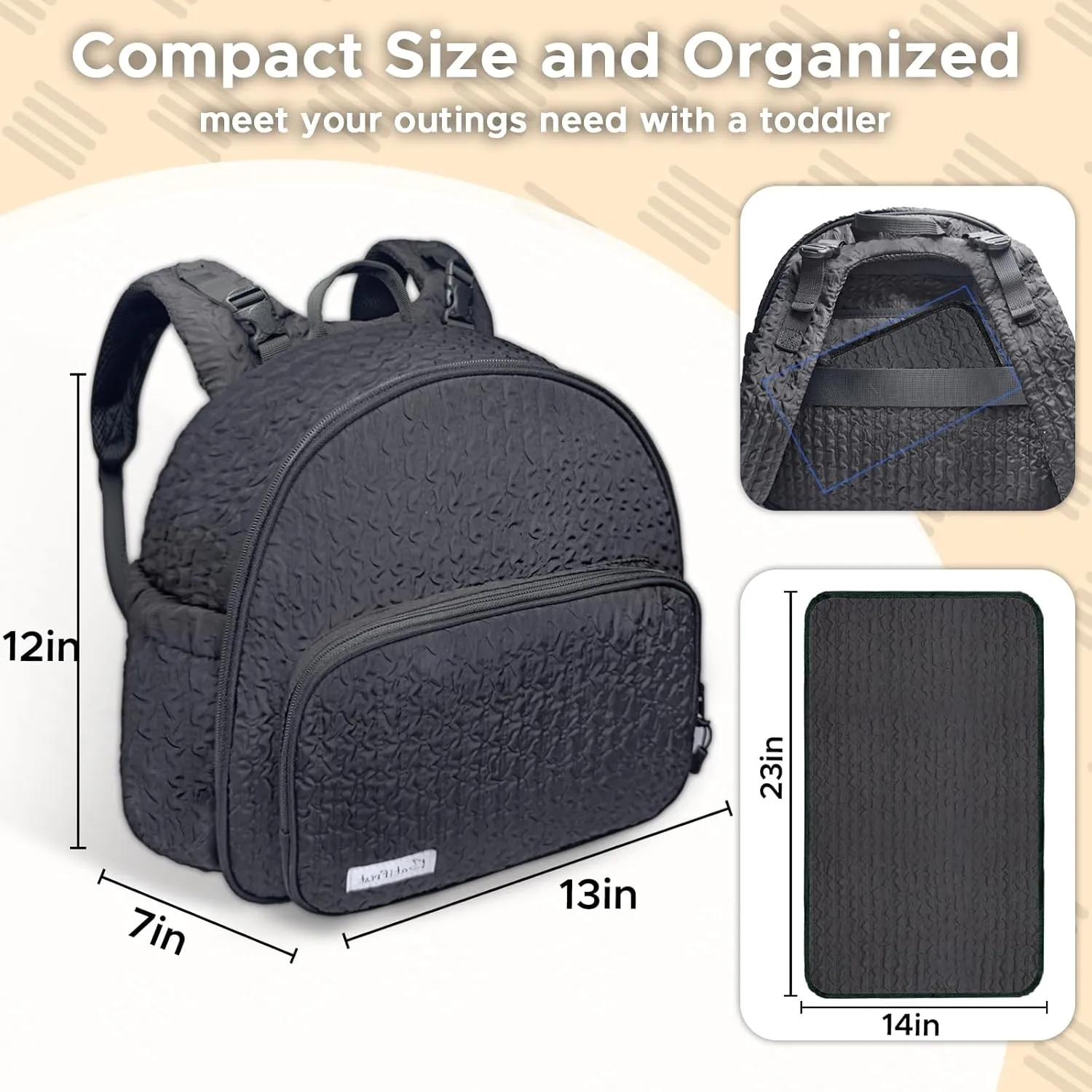 Small Diaper Backpack with 180° Opening,Small Diaper Backpack Bag with 23"*14"Changing Pad, 2*Insulated Pockets, Stroller Straps, for Excursions Short Quickly Day Out,Black