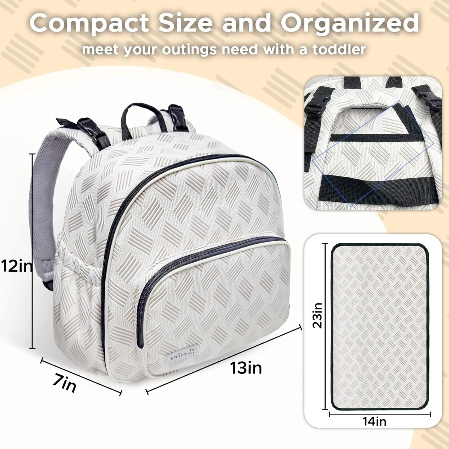 Small Diaper Backpack with 180° Opening,Small Diaper Backpack Bag with 23"*14"Changing Pad, 2*Insulated Pockets, Stroller Straps, for Excursions Short Quickly Day Out,White