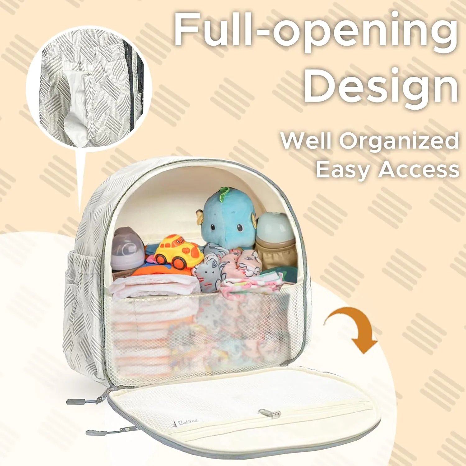 Small Diaper Backpack with 180° Opening,Small Diaper Backpack Bag with 23"*14"Changing Pad, 2*Insulated Pockets, Stroller Straps, for Excursions Short Quickly Day Out,White