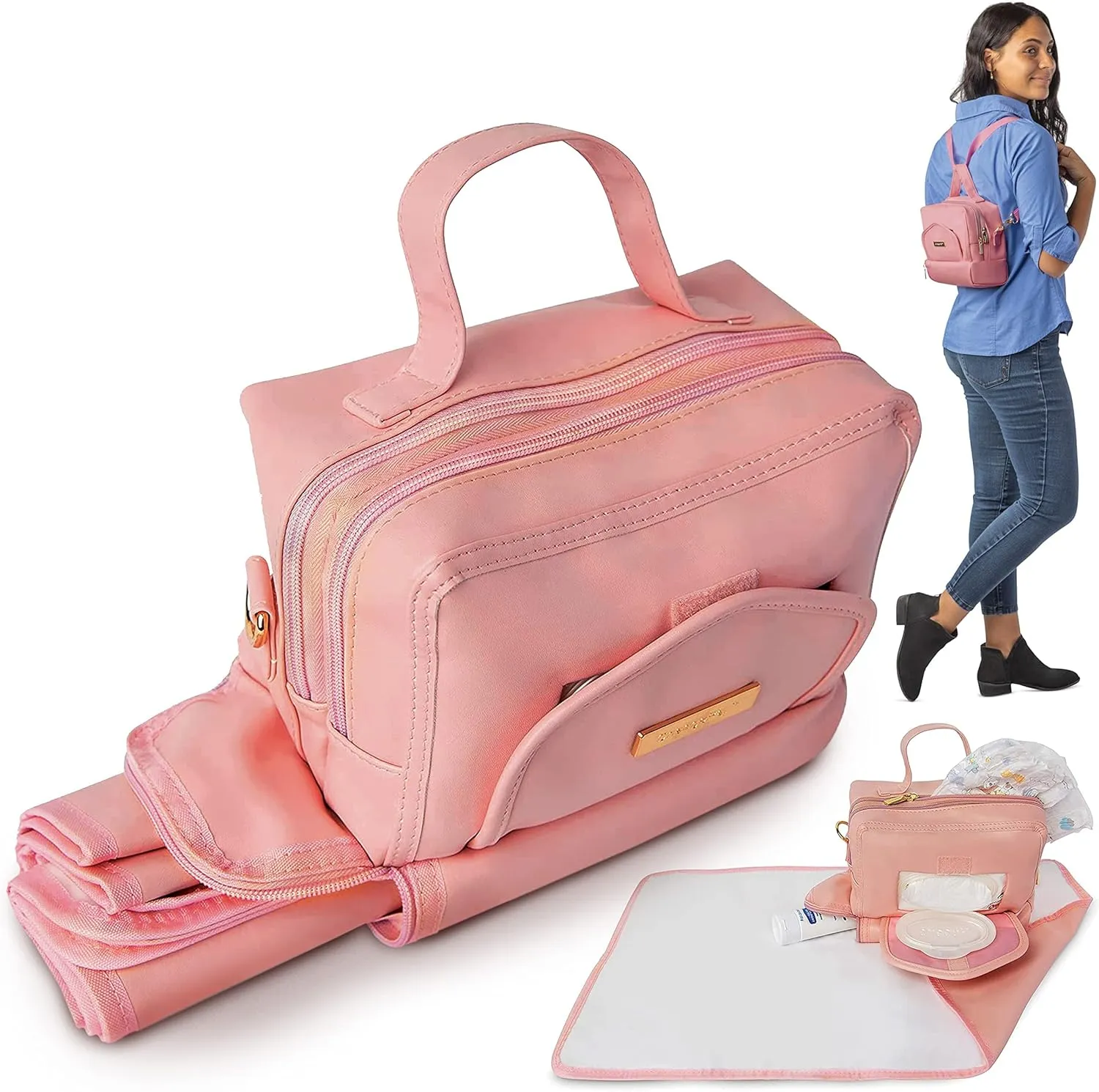 Small Diaper Bag with Portable Changing Pad, Front Wipes, Shoulder & Stroller Straps, Mini Crossbody to Backpack