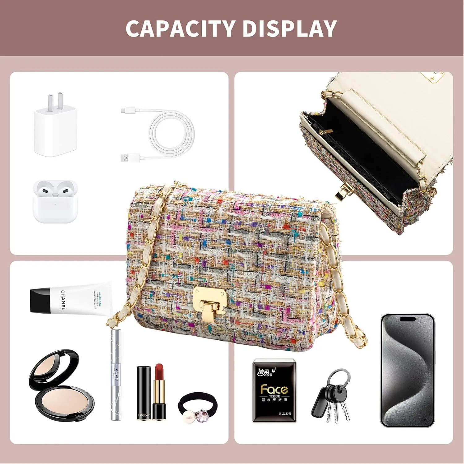 Small Quilted Shoulder Bag for Women Trendy Tweed Mini Clutch Chain Handbag Purses Designer Evening Crossbody Bag