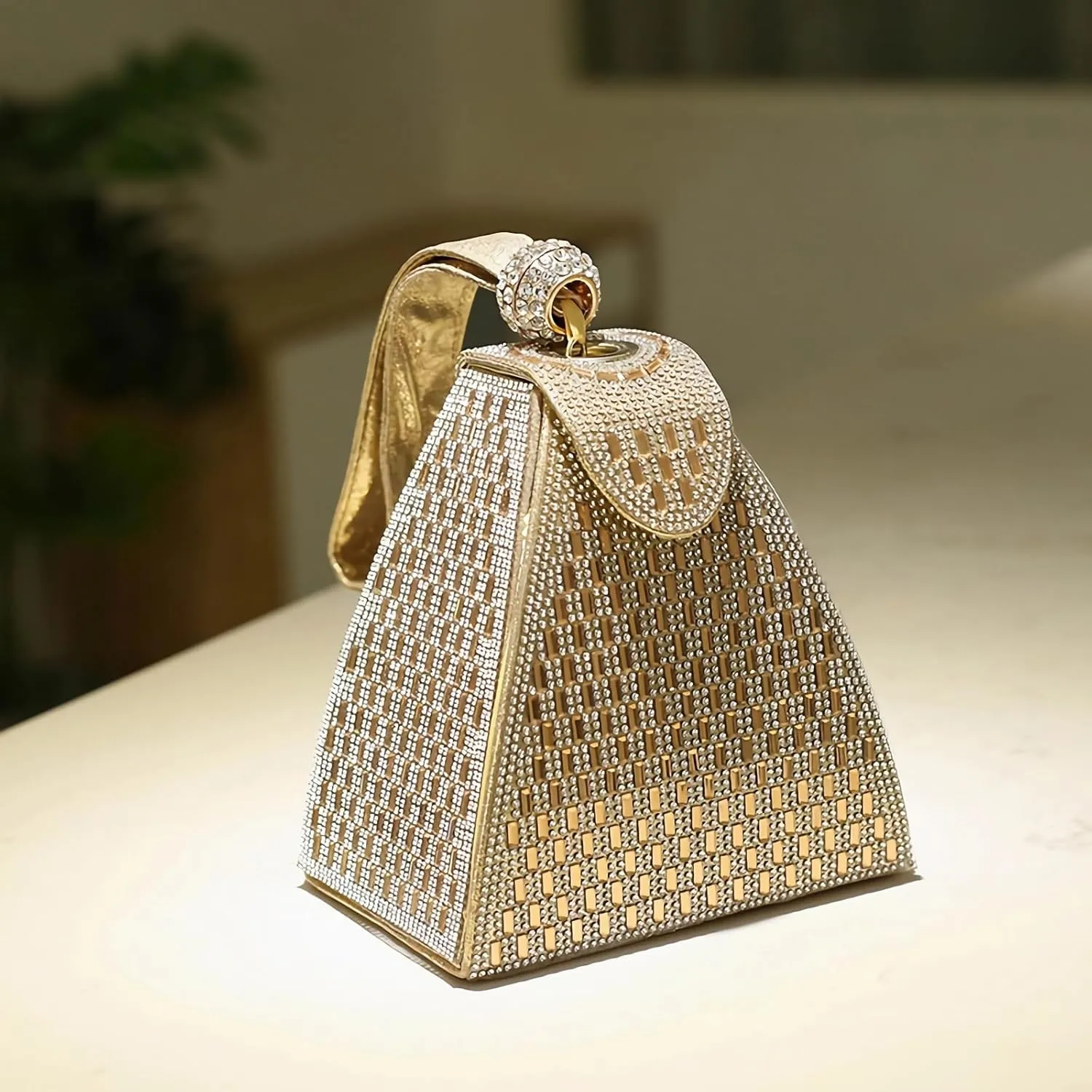 Small Rhinestone Clutch Purse for Womem Sparkly Glitter Triangle Evening Bag Wristlet Handbag