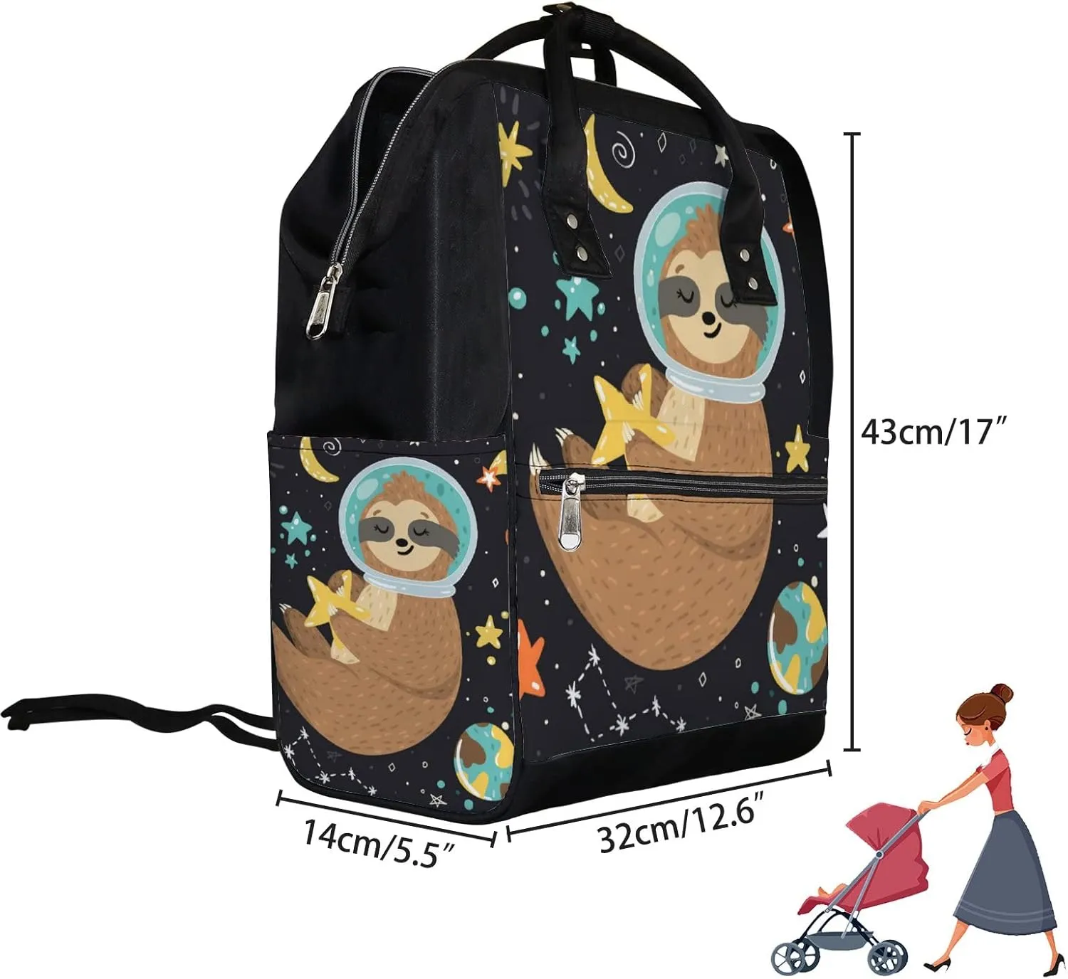 Smiling Cute Baby Sloth Astronaut Diaper Bag Backpack Waterproof Backpack Baby Nappy Changing Bag for Travel Large Capacity Durable and Stylish for Woman