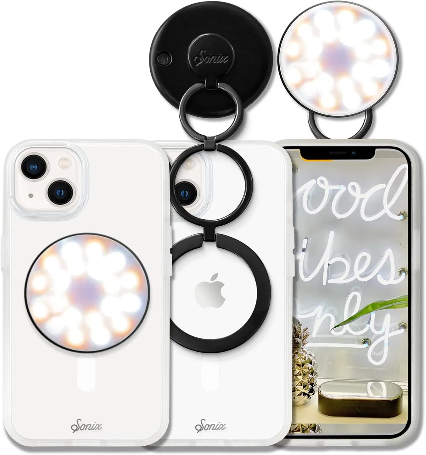 Sonix MagLink Pop Up Selfie Light and Phone Ring Grip for MagSafe iPhone 16, 15, 14, 13, 12 Series, Magnetic Fully Adjustable Round Ring Light