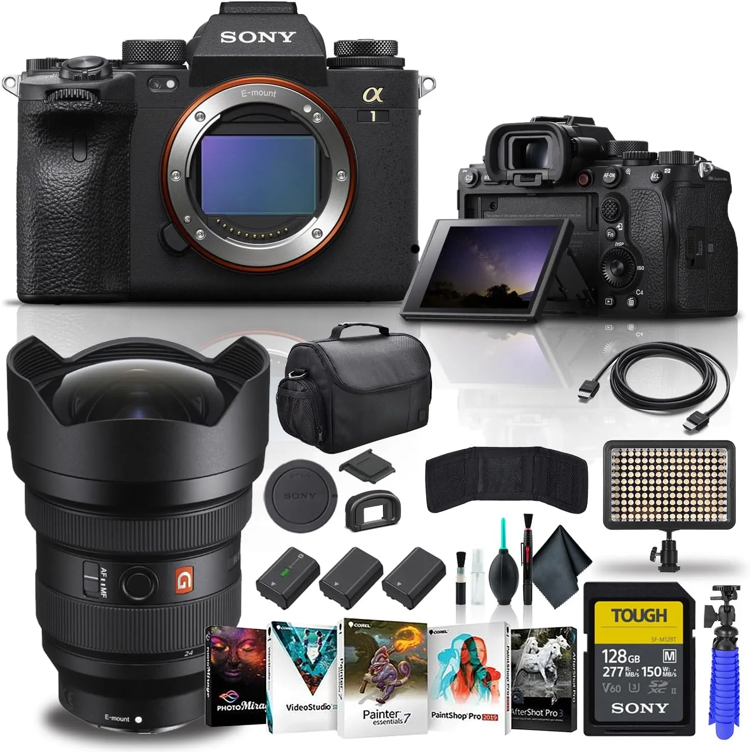 Sony Alpha 1 Mirrorless Digital Camera Body Only ILCE-1/B, Sony FE 12-24mm f/2.8 GM Lens, 128GB Tough Memory Card, Corel Photo Software, 2 x NP-FZ100 Compatible Battery, LED Light, and More