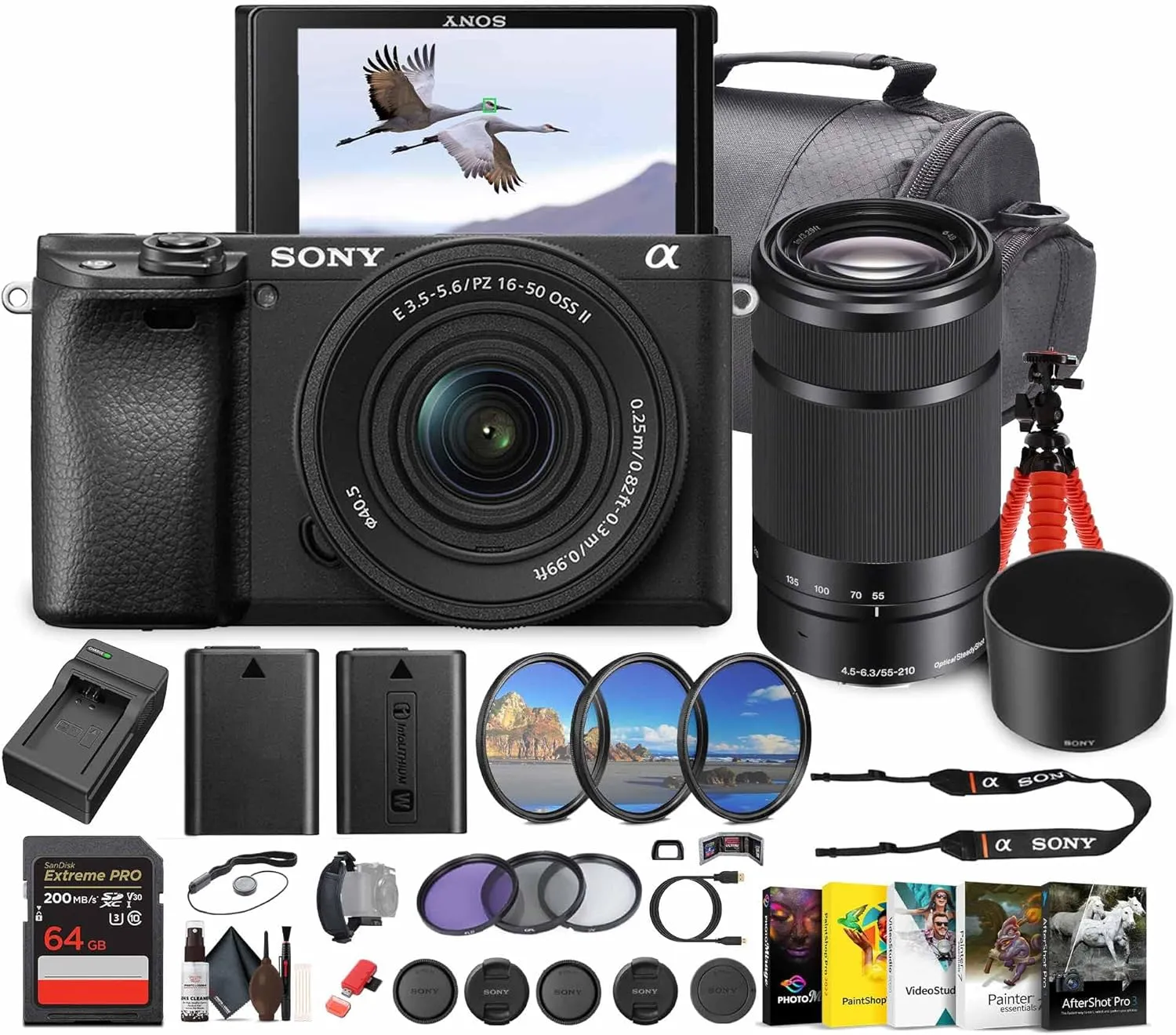 Sony Alpha a6100 Mirrorless Camera with 16-50mm OSS II Lens and 55-210mm Zoom Lenses (ILCE6100XB)   Photography Software   64GB Memory Card   NP-FW50 Battery   Camera Bag   Charger   More