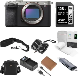 Sony Alpha a7CR Mirrorless Camera Body, Silver, Bundle with Shoulder Bag, 128GB SD Card, Card Reader, Extra Battery, Charger, Camera Strap, Tissue Paper