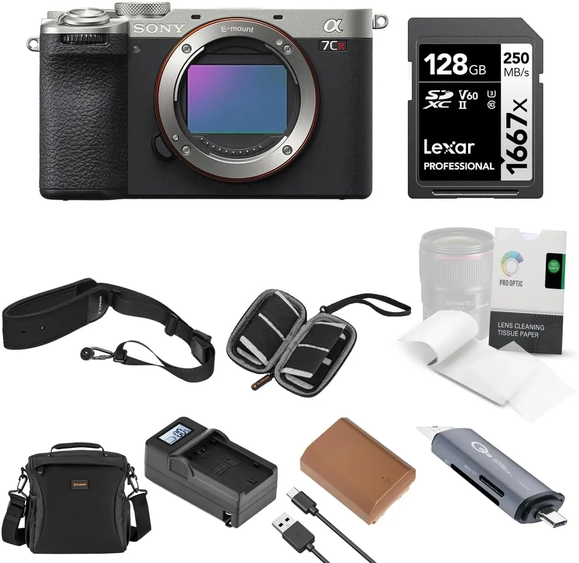 Sony Alpha a7CR Mirrorless Camera Body, Silver, Bundle with Shoulder Bag, 128GB SD Card, Card Reader, Extra Battery, Charger, Camera Strap, Tissue Paper