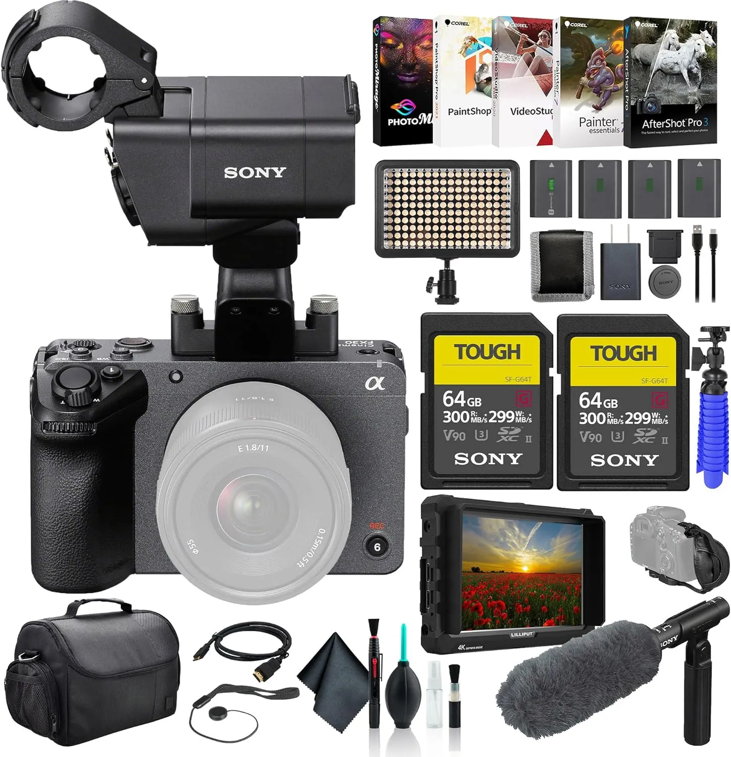 Sony FX30 Digital Cinema Camera with XLR Handle Unit ILME-FX30, 4K Monitor, 2 x 64GB SF-G Tough Card, Pro Mic, Bag, 3 x NP-FZ100 Compatible Battery, LED Light, External Charger, and More