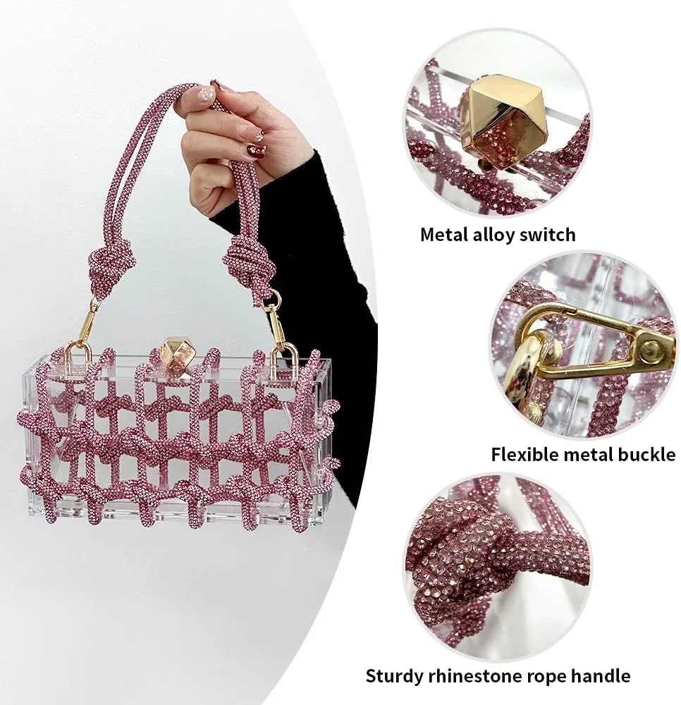 Sparkly Acrylic Clutch Purses for Women with Rhinestone Transparent Bag, Perfect for Bridal Events Prom (Pink)