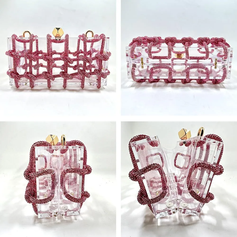 Sparkly Acrylic Clutch Purses for Women with Rhinestone Transparent Bag, Perfect for Bridal Events Prom (Pink)