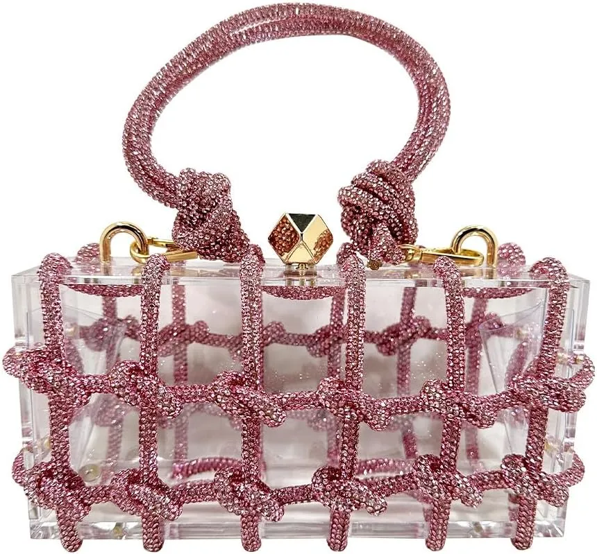 Sparkly Acrylic Clutch Purses for Women with Rhinestone Transparent Bag, Perfect for Bridal Events Prom (Pink)