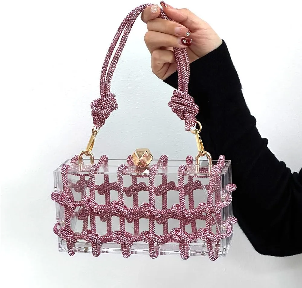Sparkly Acrylic Clutch Purses for Women with Rhinestone Transparent Bag, Perfect for Bridal Events Prom (Pink)