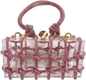 Sparkly Acrylic Clutch Purses for Women with Rhinestone Transparent Bag, Perfect for Bridal Events Prom (Pink)