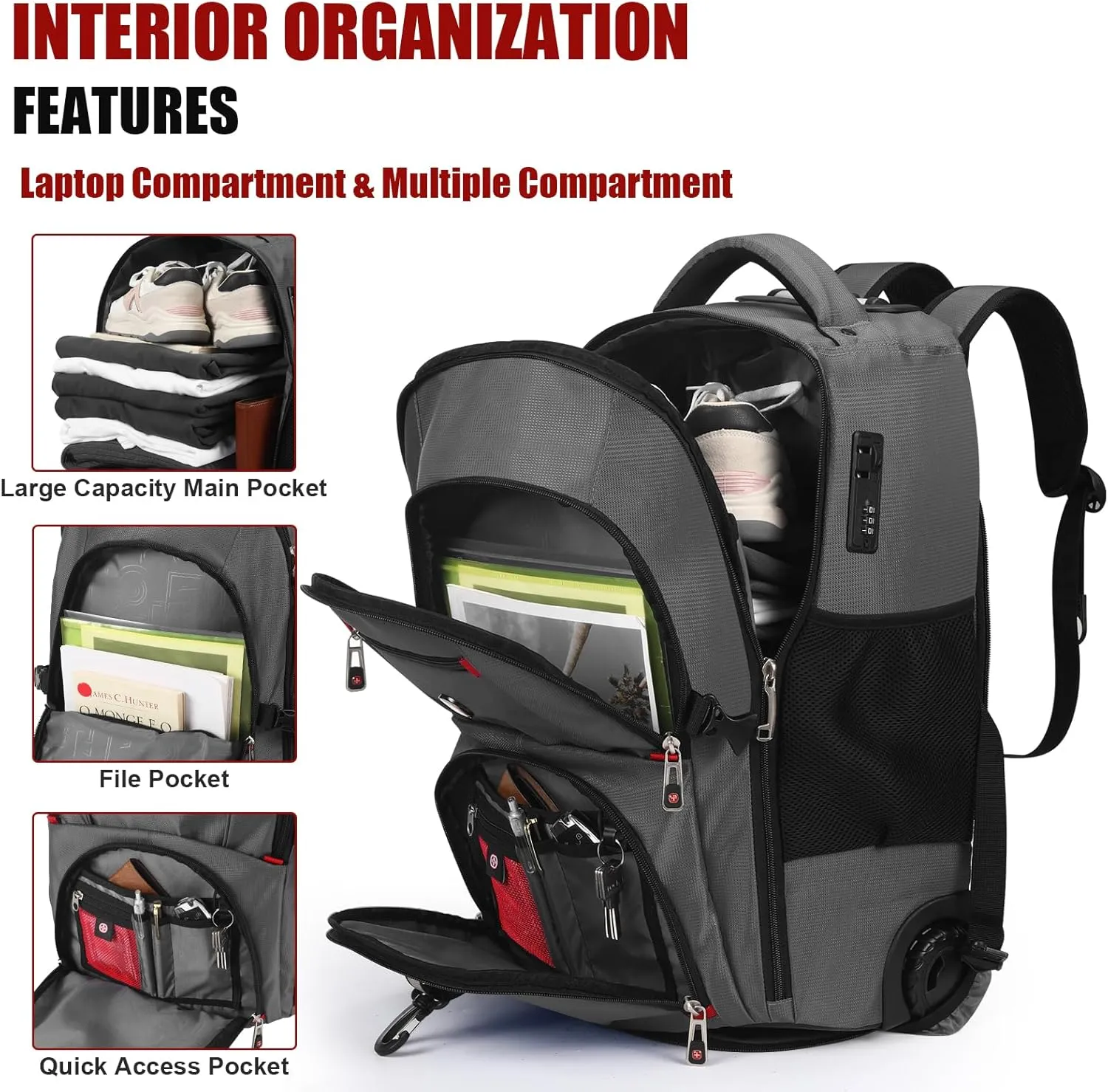 star cloud 21x14x9 Rolling Backpack with Wheels - Water-Resistant, 17.3" Laptop Compartment, Ideal Carry-On for Overnight Travel, College, Work - Wheeled Business Backpack for Adults