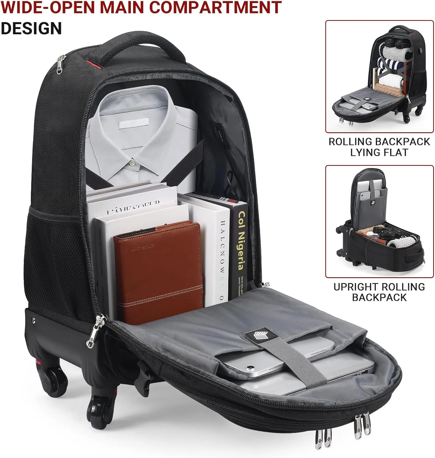 StarCloud 45L Rolling Backpack for 17.3" Laptop - 22x14x9", Water-Resistant Luggage with 4 Extra Wheels, Roller Travel Laptop Backpack for Business, Wheeled Backpack for Travel and Commuting