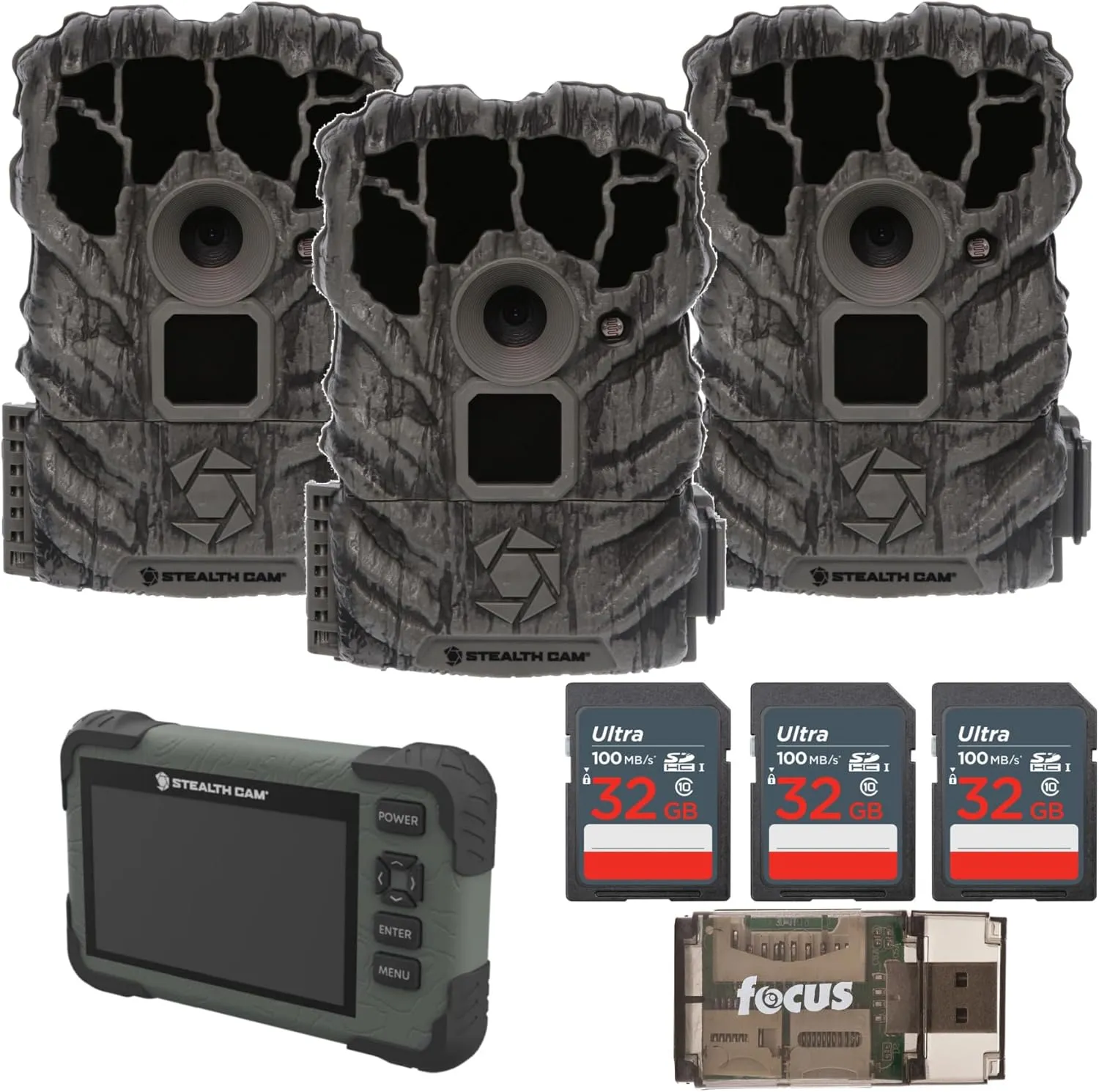 Stealth Cam Browtine 14MP Camera (3 Pack) Bundle with SD Card Reader-Viewer, Memory Card and High Speed USB 2.0 Card Reader (7-Items)