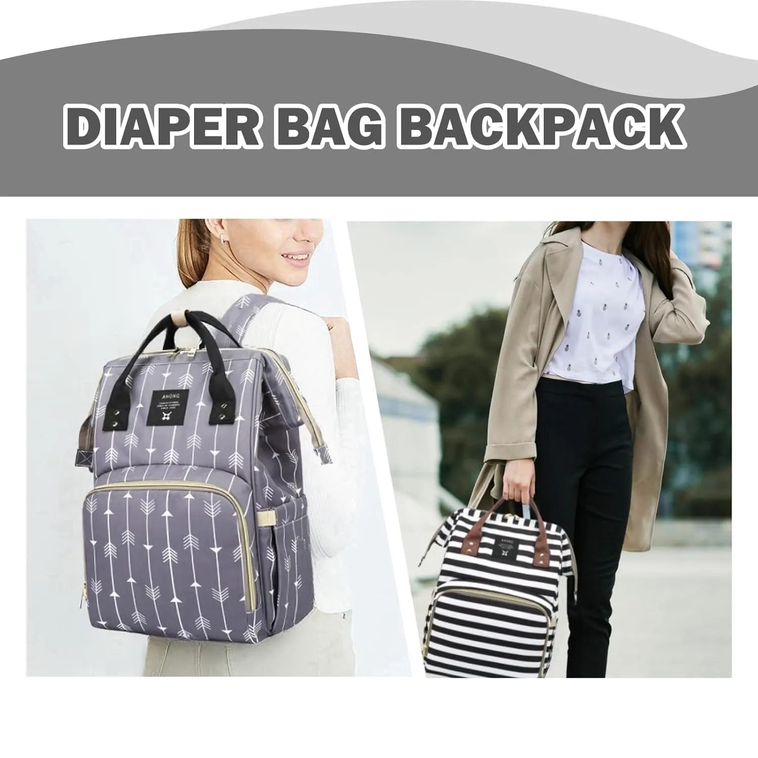 Stripe Prints Diaper Bag Backpack Multi-Function Waterproof Diaper Bag for Mom Essentials Baby Travel Diaper Backpack
