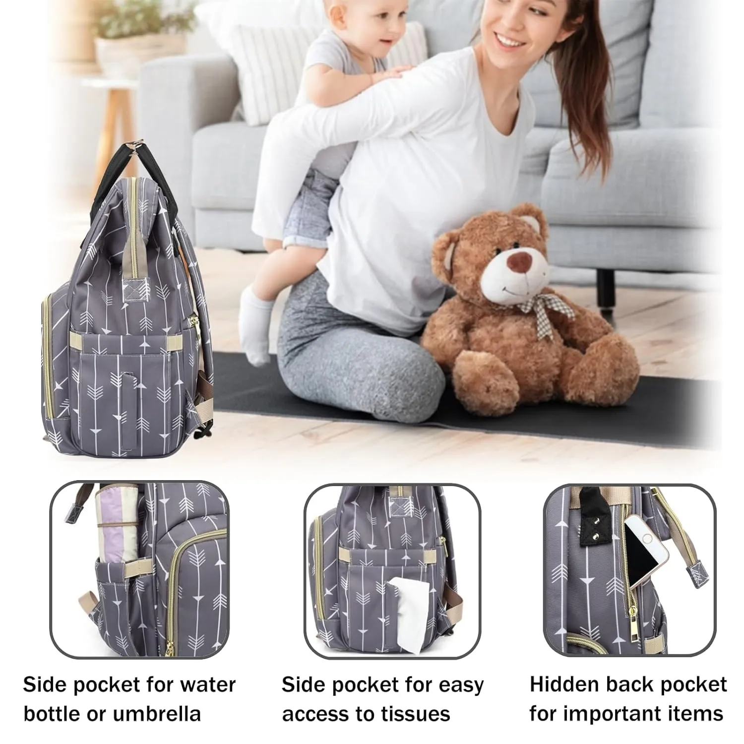 Stripe Prints Diaper Bag Backpack Multi-Function Waterproof Diaper Bag for Mom Essentials Baby Travel Diaper Backpack