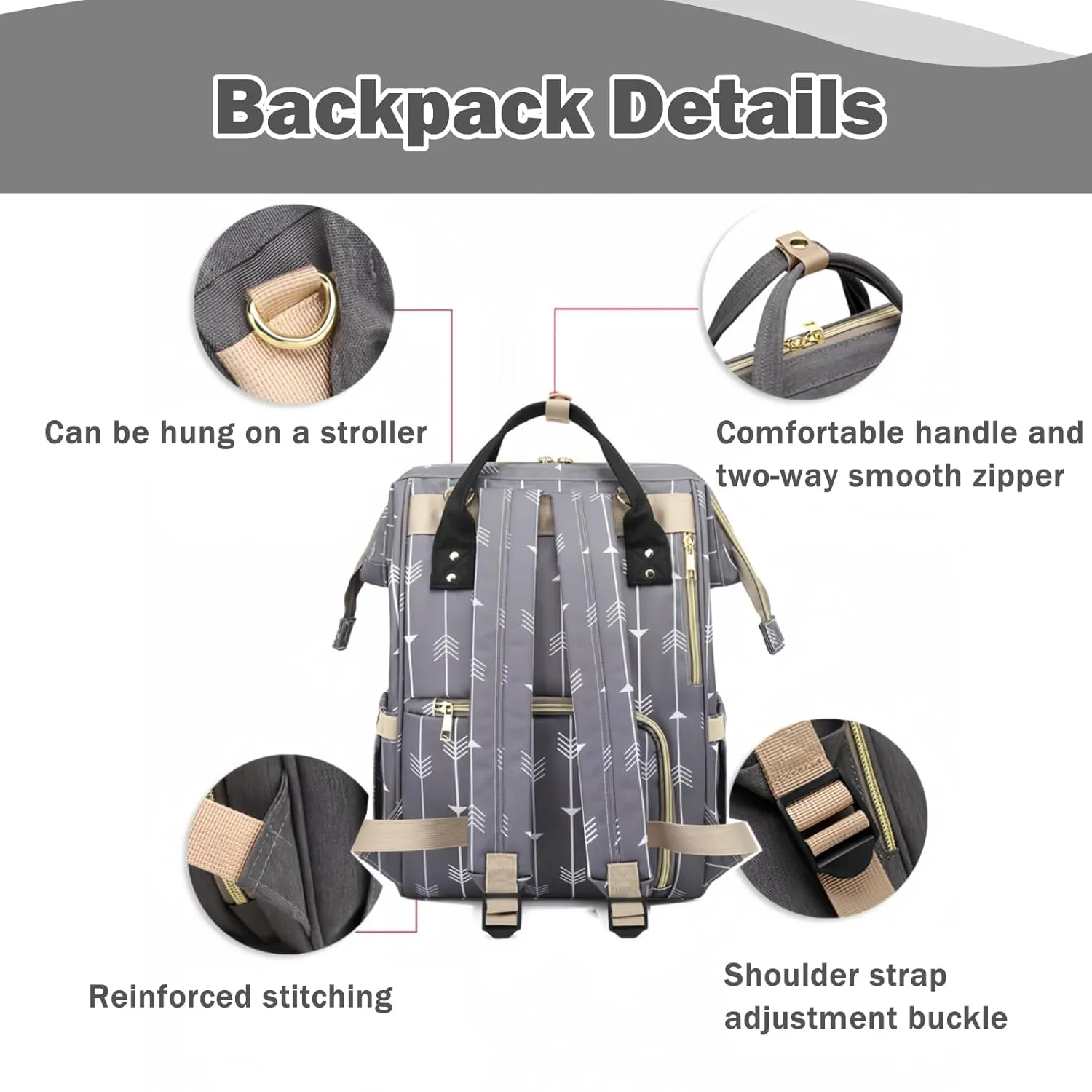 Stripe Prints Diaper Bag Backpack Multi-Function Waterproof Diaper Bag for Mom Essentials Baby Travel Diaper Backpack