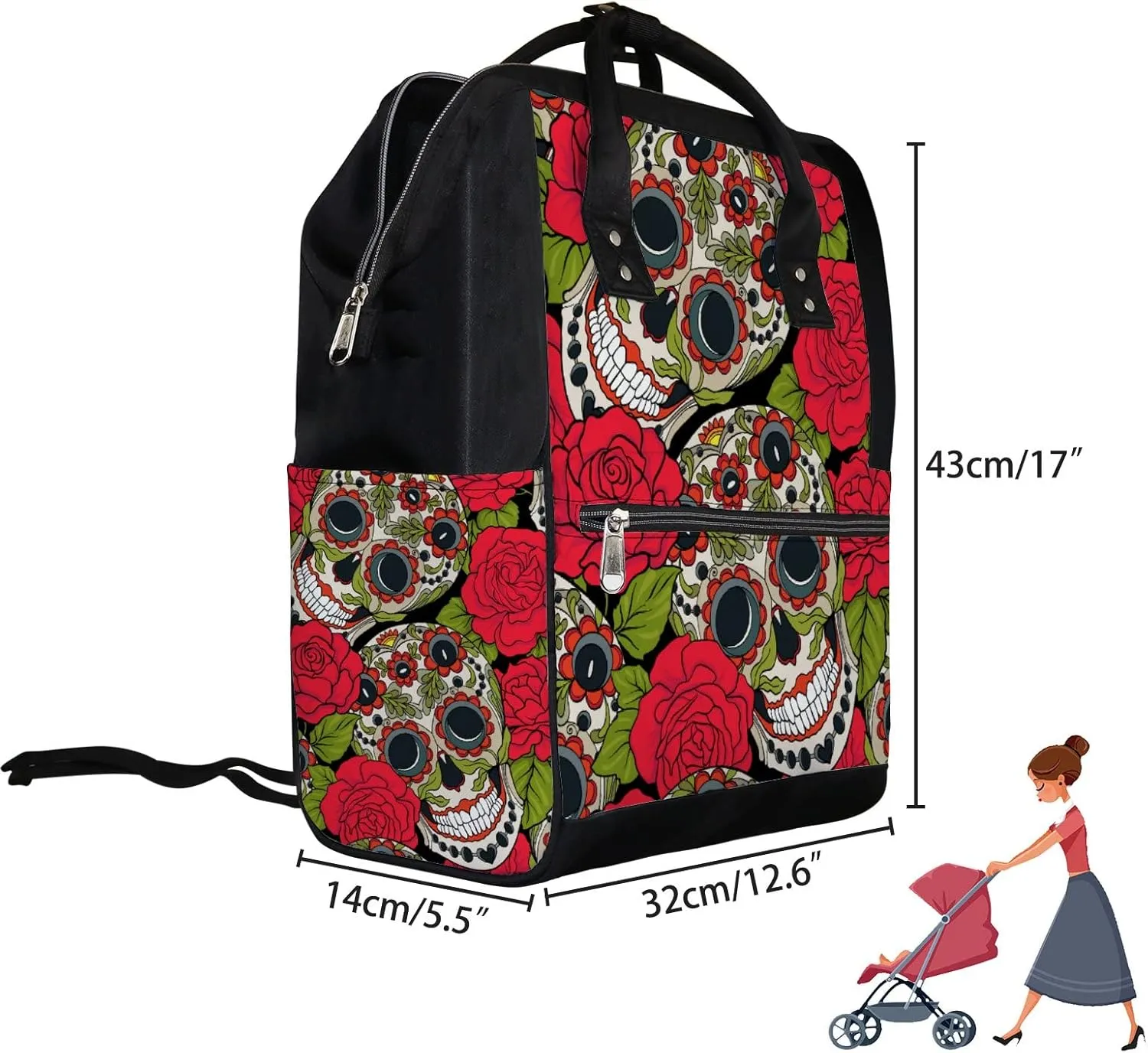 Sugar Skull Red Rose Diaper Bag Backpack Waterproof Backpack Baby Nappy Changing Bag for Travel Large Capacity Durable and Stylish for Woman