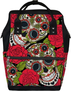 Sugar Skull Red Rose Diaper Bag Backpack Waterproof Backpack Baby Nappy Changing Bag for Travel Large Capacity Durable and Stylish for Woman