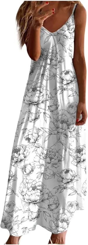 Summer Dresses for Women 2025 Beach Vacation Sexy Spaghetti Strap v Neck Sun Dress Flowy Maxi Long Sundresses Trendy