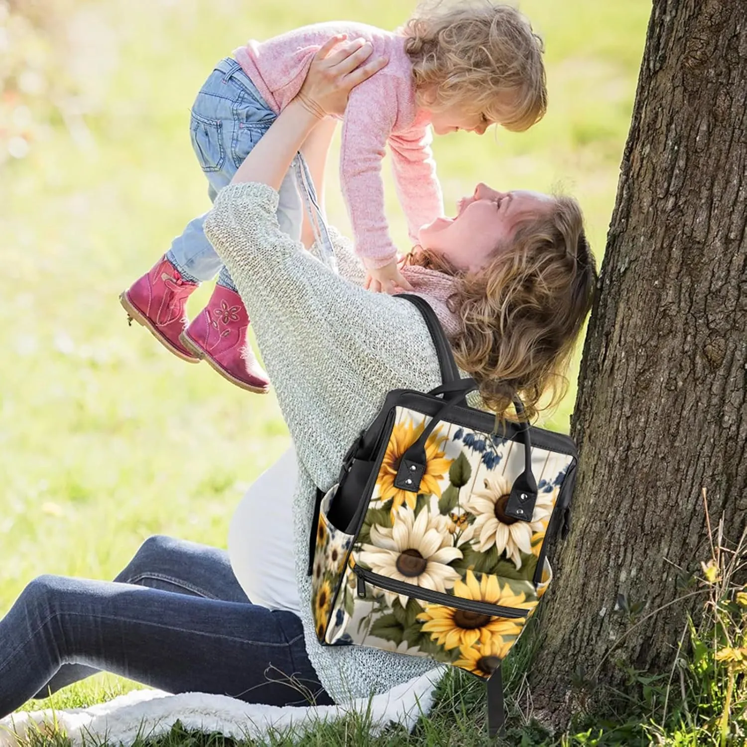 Sunflower Cottage Charm Double Shoulder Mommy Bag for Women, Polyester Large Capacity Diaper Backpack with Multi Pockets, Waterproof Adjustable Straps Diaper Bag for Moms Dads, 11''×7''×15.7''