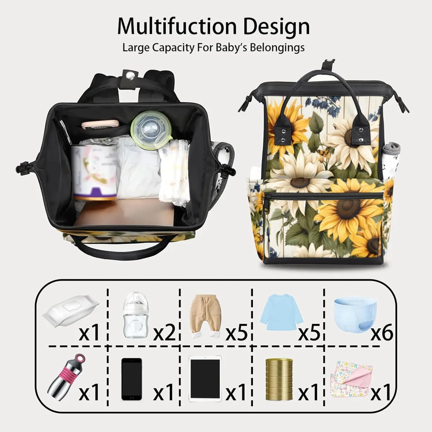 Sunflower Cottage Charm Double Shoulder Mommy Bag for Women, Polyester Large Capacity Diaper Backpack with Multi Pockets, Waterproof Adjustable Straps Diaper Bag for Moms Dads, 11''×7''×15.7''