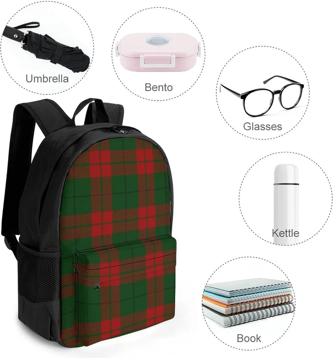 Supdreamc Men Women Lightweight Red Green Buffalo Check Plaid Christmas Pattern Backpack Large Capacity Carry On Bag With Padded Straps for Sports Work Walking Cycling