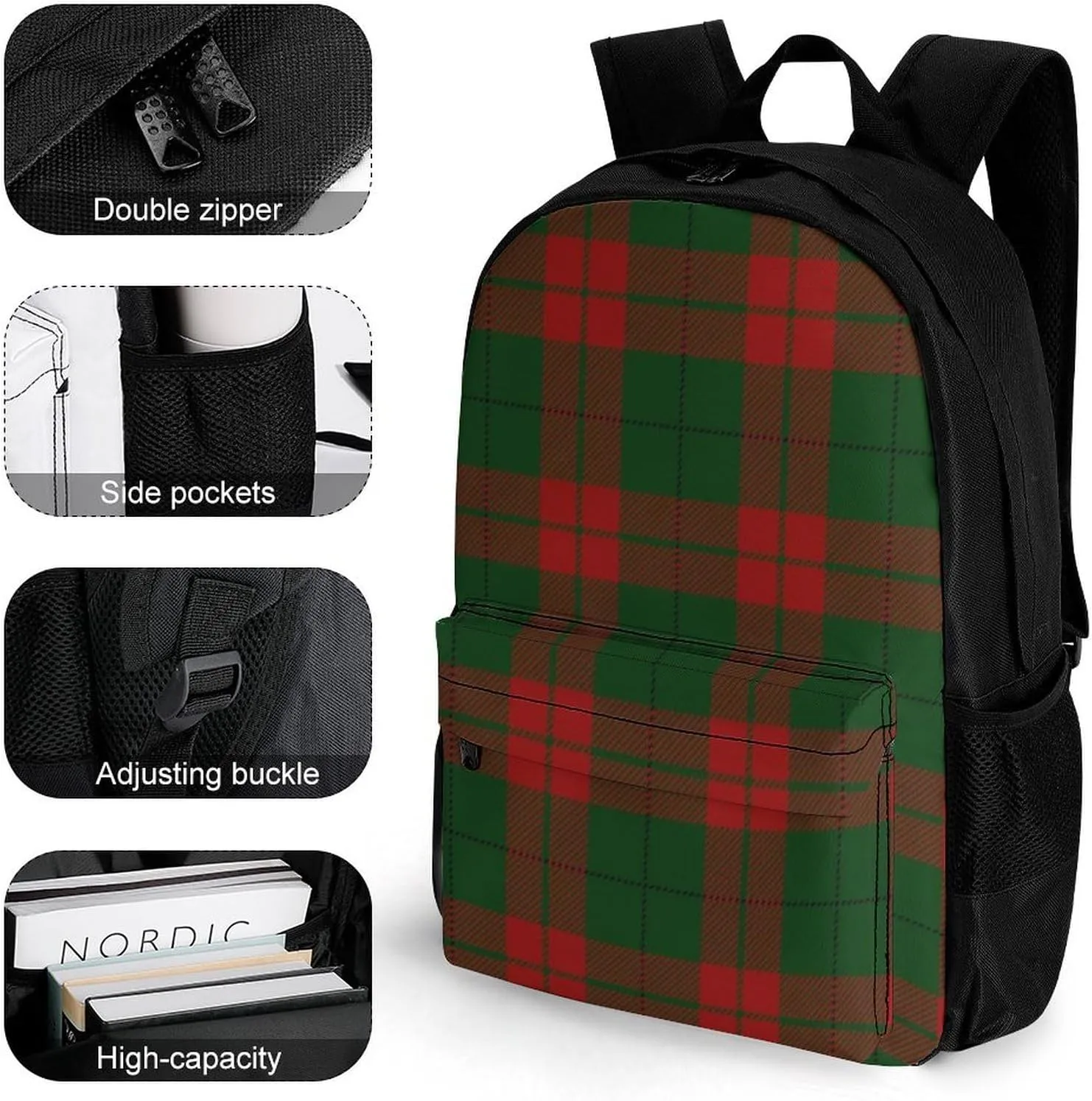 Supdreamc Men Women Lightweight Red Green Buffalo Check Plaid Christmas Pattern Backpack Large Capacity Carry On Bag With Padded Straps for Sports Work Walking Cycling