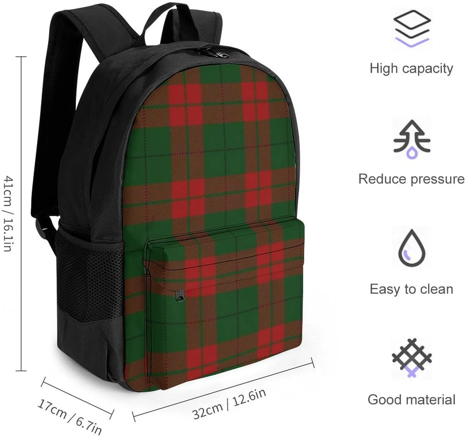 Supdreamc Men Women Lightweight Red Green Buffalo Check Plaid Christmas Pattern Backpack Large Capacity Carry On Bag With Padded Straps for Sports Work Walking Cycling