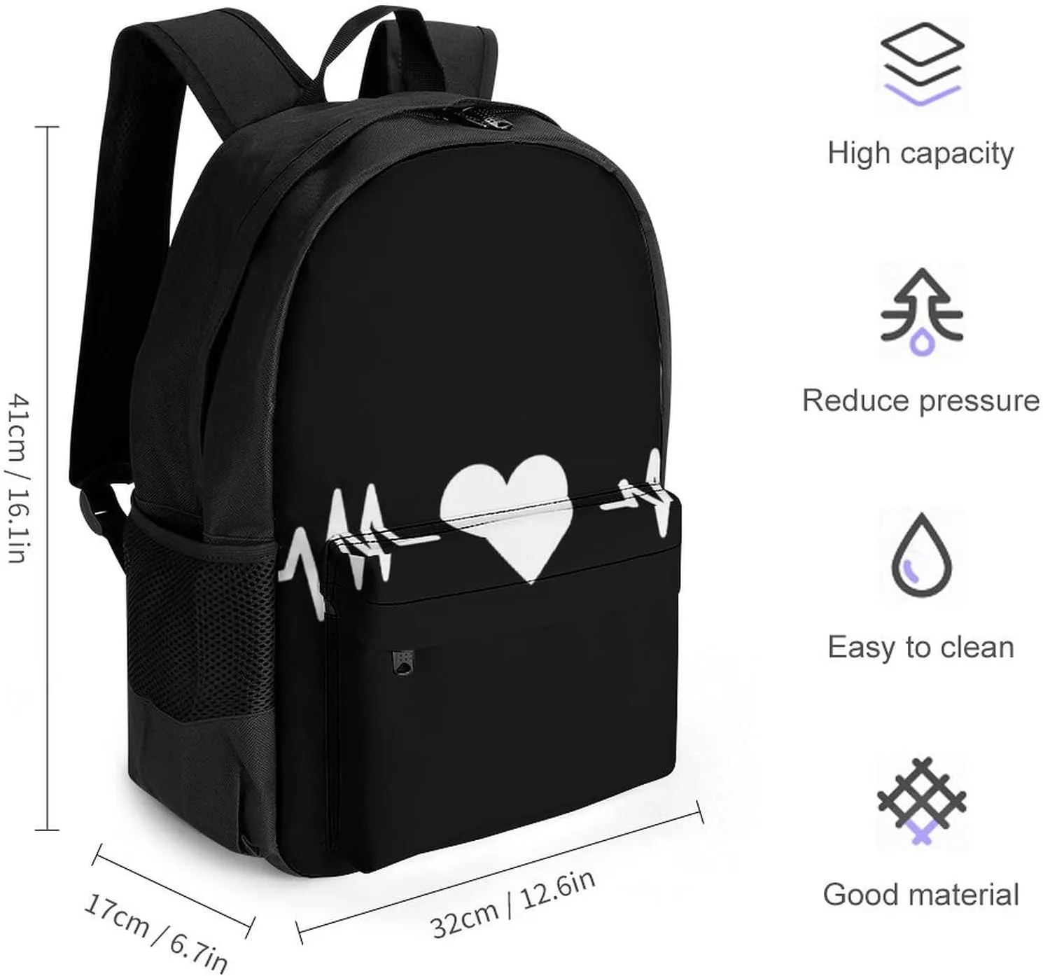 Supdreamc Men Women Polyester Love Heart Nurse Heartbeat Black And White Daypack Bookbag Big Capacity Shoulder Bag With Padded Straps for Climbing Travel Walking Cycling