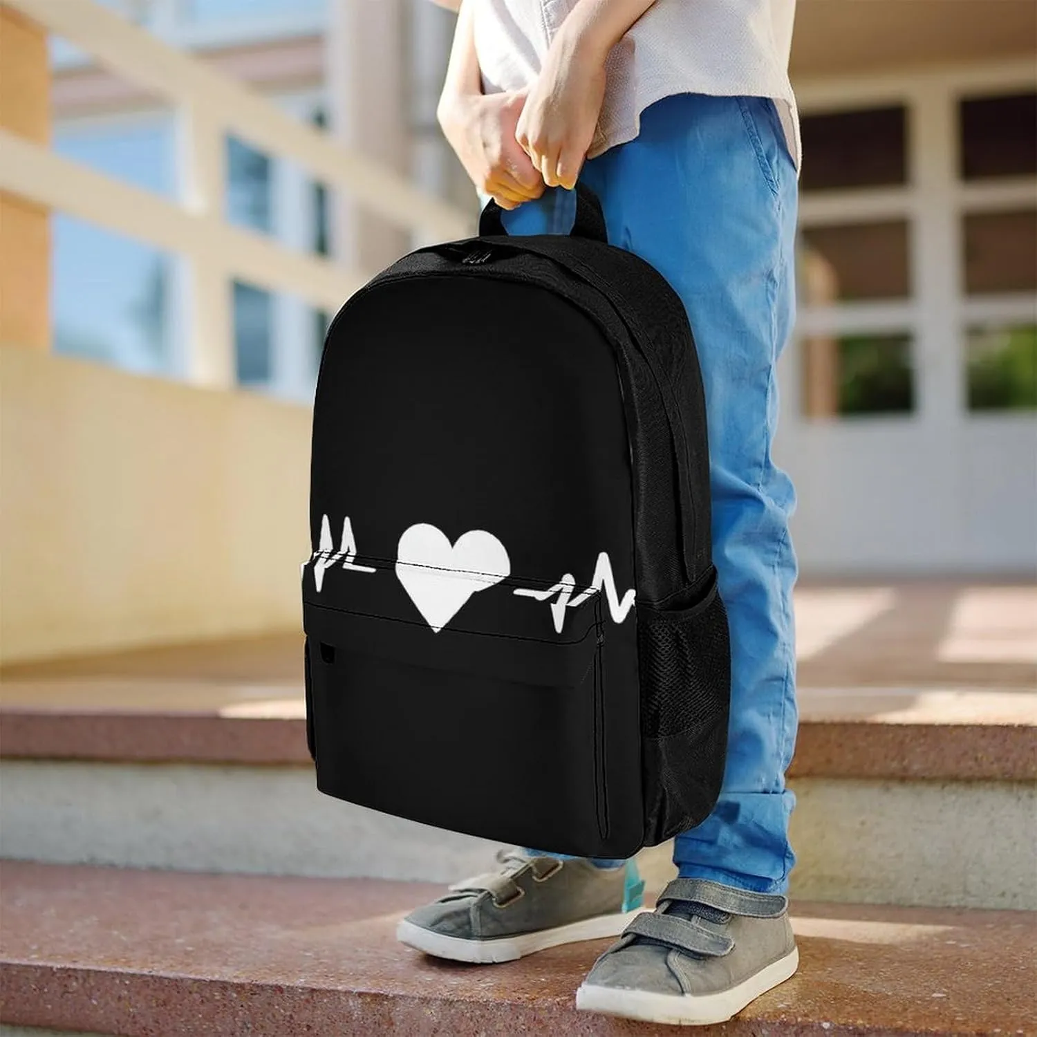 Supdreamc Men Women Polyester Love Heart Nurse Heartbeat Black And White Daypack Bookbag Big Capacity Shoulder Bag With Padded Straps for Climbing Travel Walking Cycling