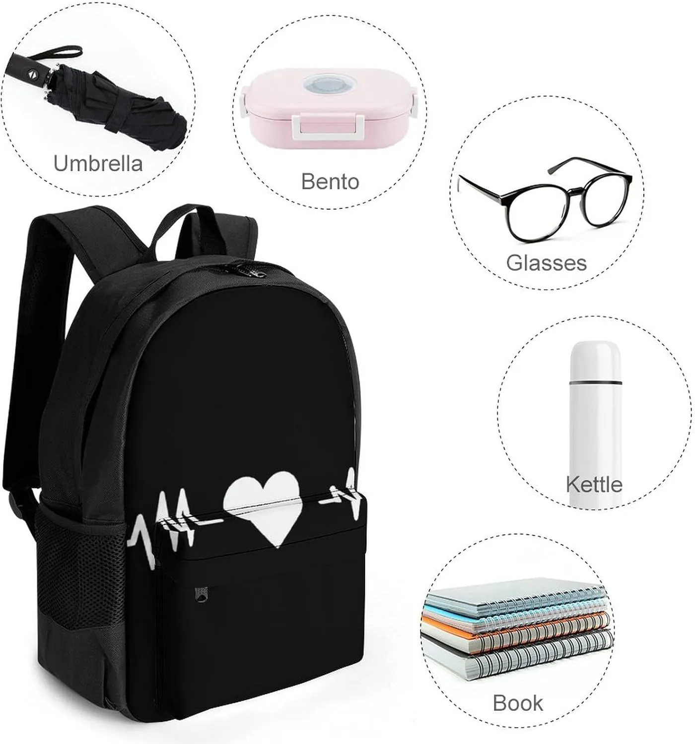 Supdreamc Men Women Polyester Love Heart Nurse Heartbeat Black And White Daypack Bookbag Big Capacity Shoulder Bag With Padded Straps for Climbing Travel Walking Cycling