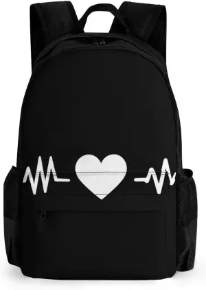 Supdreamc Men Women Polyester Love Heart Nurse Heartbeat Black And White Daypack Bookbag Big Capacity Shoulder Bag With Padded Straps for Climbing Travel Walking Cycling