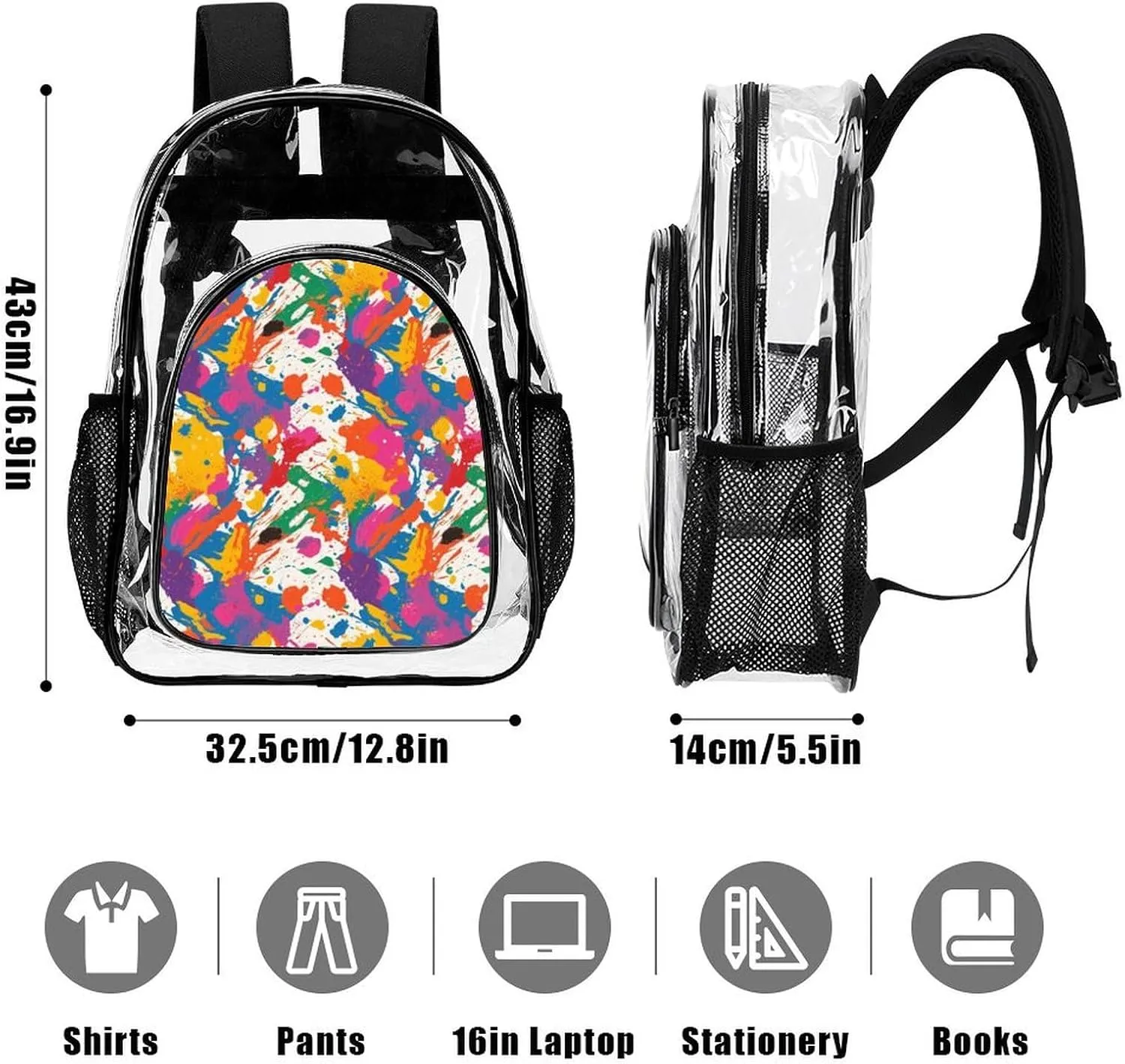 Supdreamc Men Women Transparent Colorful Splatter Color Art Daypack Bookbag Big Capacity Shoulder Bag With Padded Straps for Climbing Travel Walking Cycling