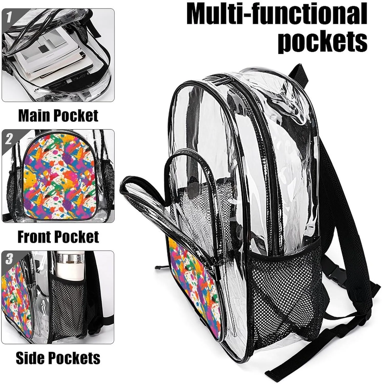 Supdreamc Men Women Transparent Colorful Splatter Color Art Daypack Bookbag Big Capacity Shoulder Bag With Padded Straps for Climbing Travel Walking Cycling