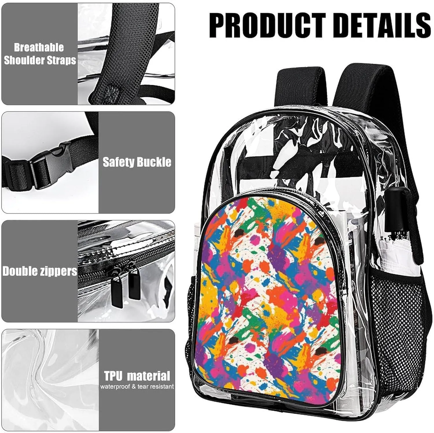 Supdreamc Men Women Transparent Colorful Splatter Color Art Daypack Bookbag Big Capacity Shoulder Bag With Padded Straps for Climbing Travel Walking Cycling