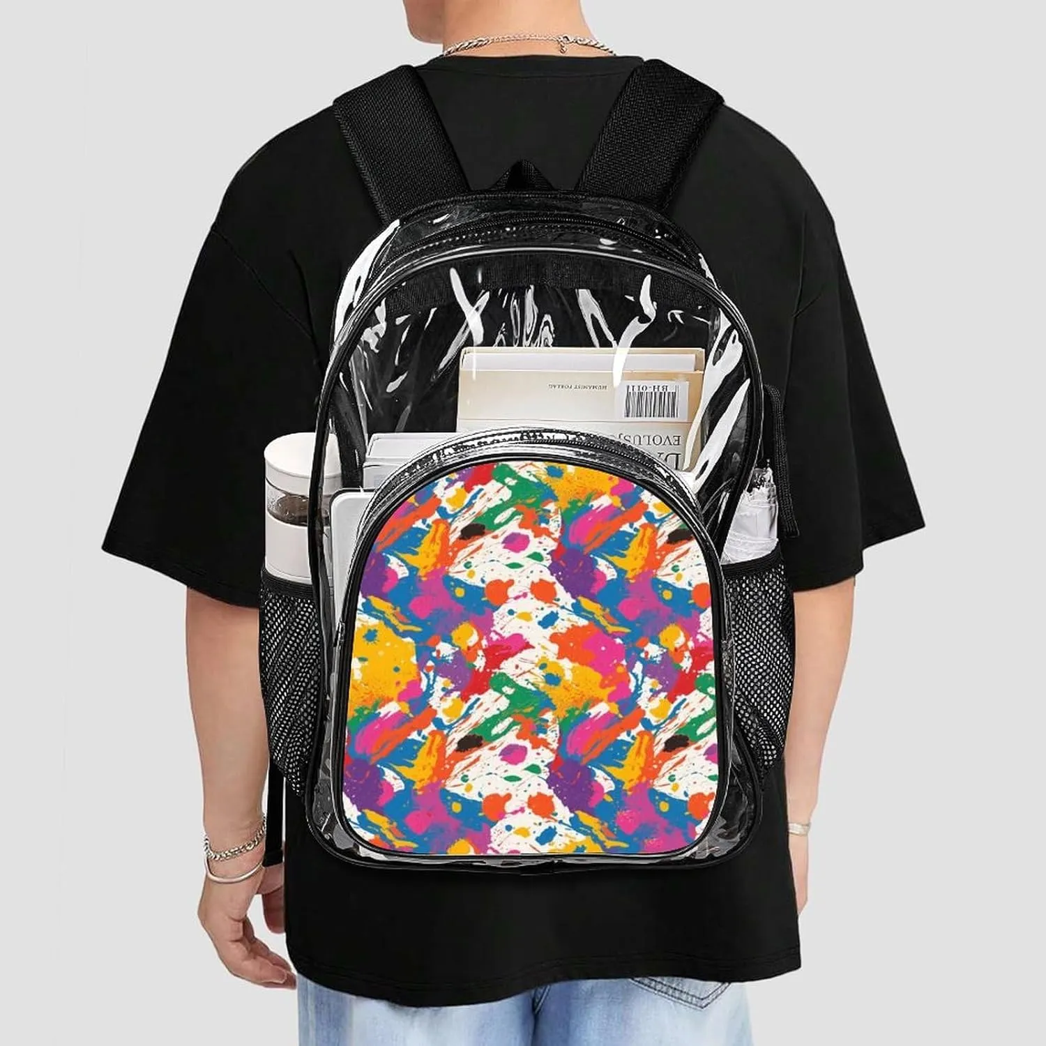 Supdreamc Men Women Transparent Colorful Splatter Color Art Daypack Bookbag Big Capacity Shoulder Bag With Padded Straps for Climbing Travel Walking Cycling