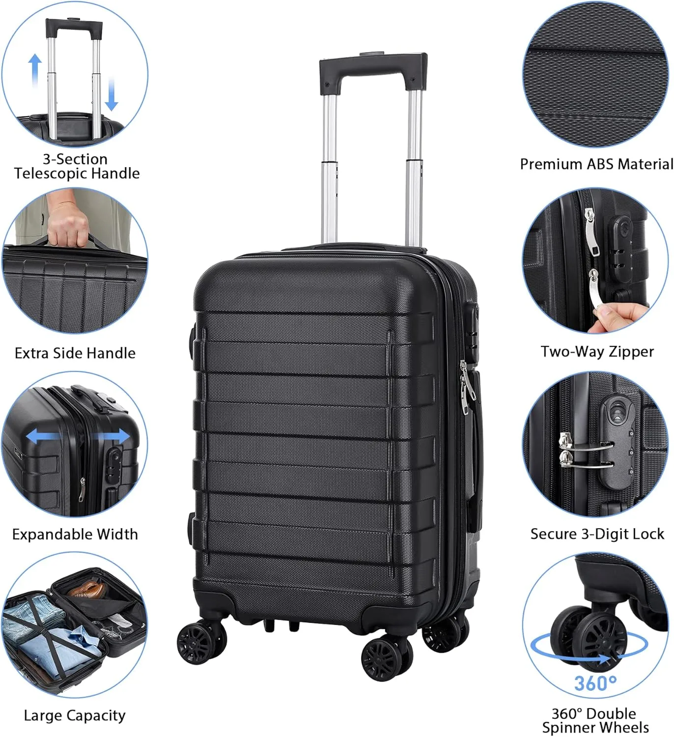 SUPER DEAL 21 Inch Carry On Luggage with Spinner Wheels, Expandable Hardside Suitcase Height Adjustable Durable Rolling Luggage with Porable Handle and Side Feet for Business Trips and Travel, Black