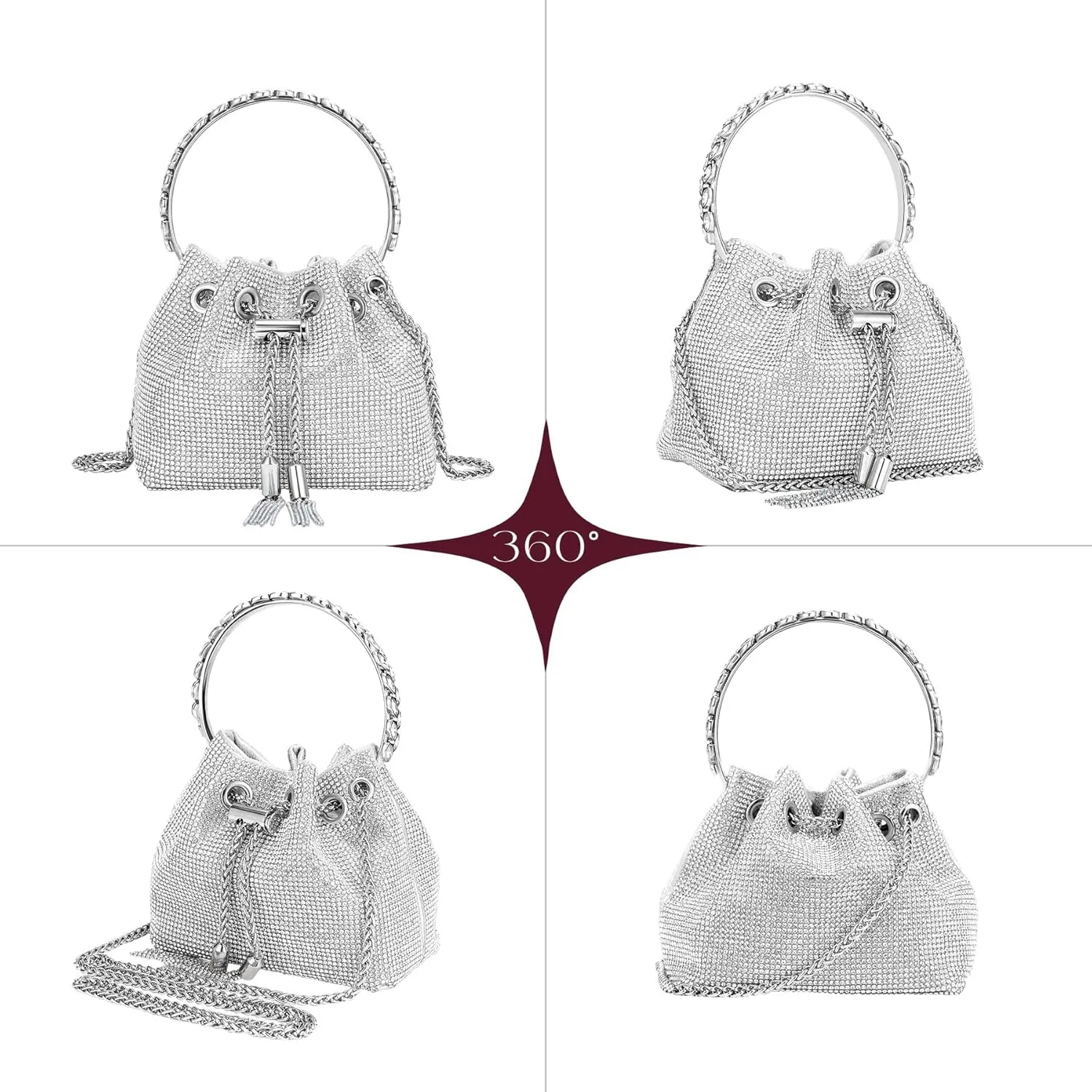 SWEETV Women's Rhinestone Bucket Bag Sparkly Sequin Evening Handbag Purse for Formal/Wedding/Cocktail/Prom/Party/Club
