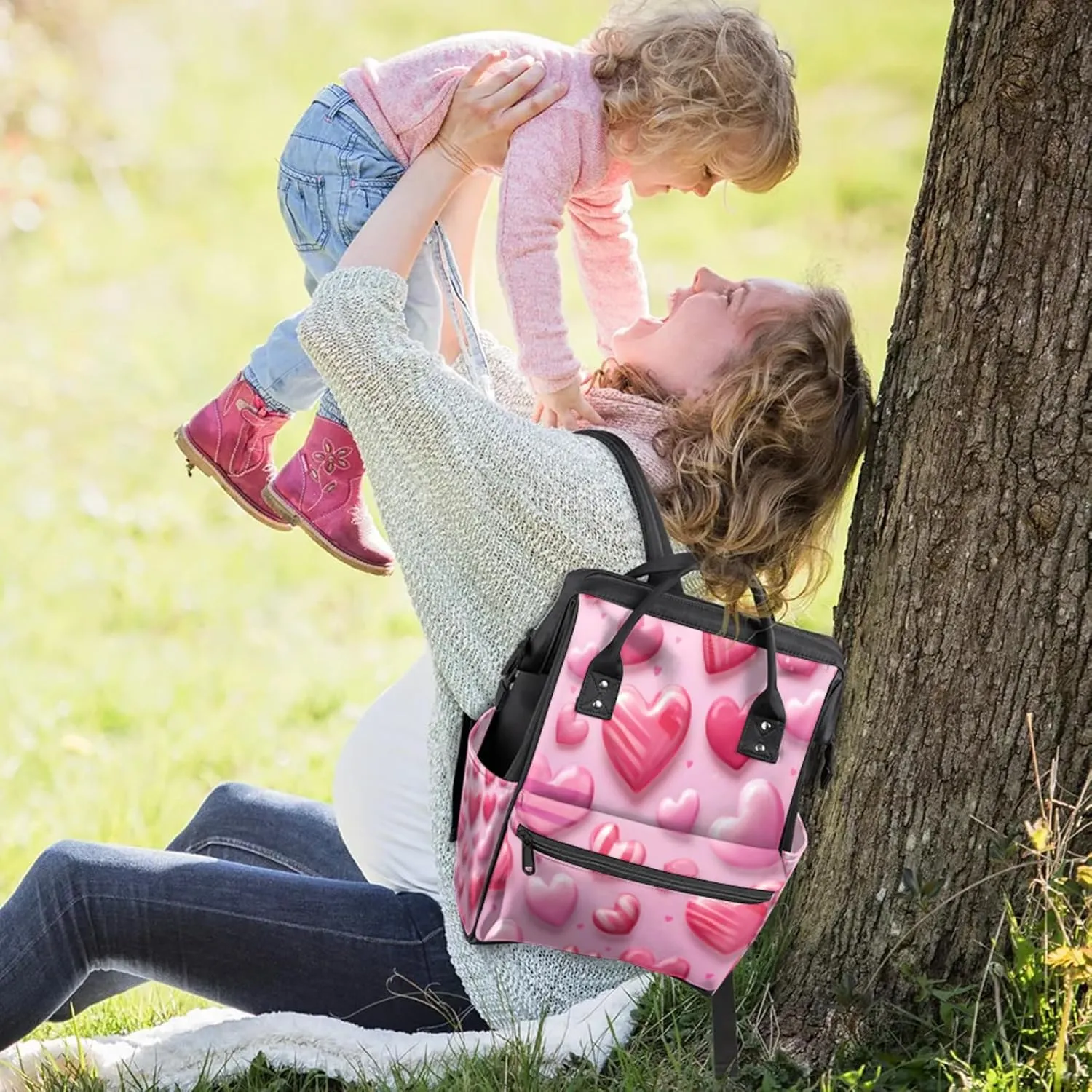 Tavisto Candy Hearts Sweet Double Shoulder Mommy Bag for Women, Polyester Large Capacity Diaper Backpack with Multi Pockets, Waterproof Adjustable Straps Diaper Bag for Moms Dads, 11''×7''×15.7''