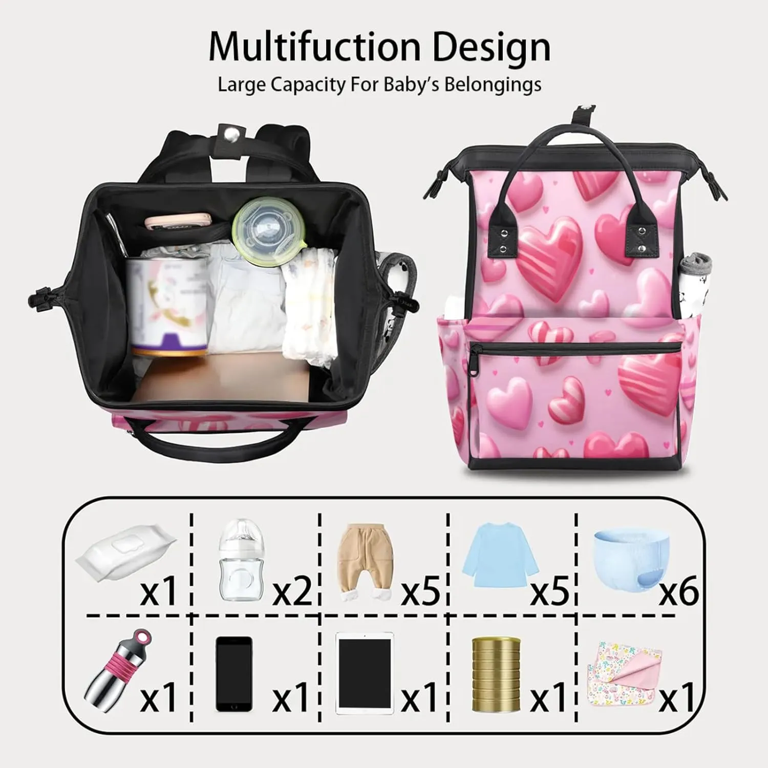 Tavisto Candy Hearts Sweet Double Shoulder Mommy Bag for Women, Polyester Large Capacity Diaper Backpack with Multi Pockets, Waterproof Adjustable Straps Diaper Bag for Moms Dads, 11''×7''×15.7''