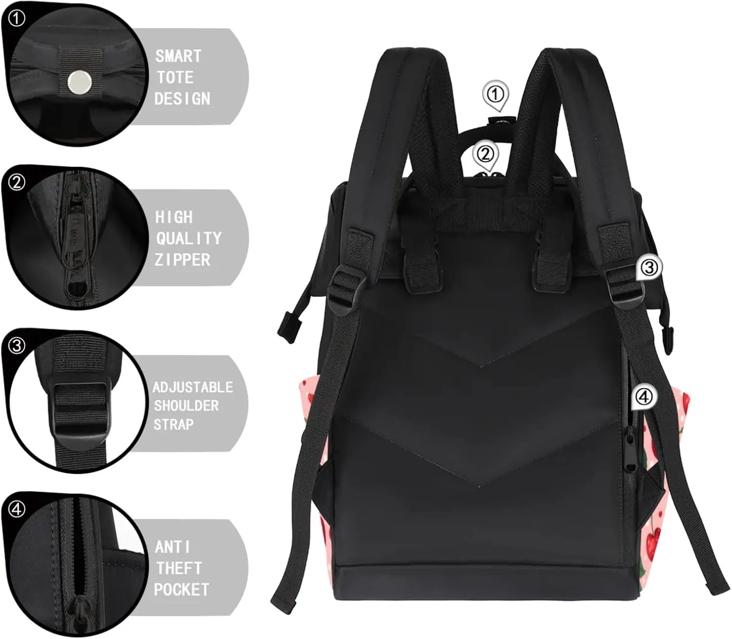 Tavisto Cherry Rhythm Beats Double Shoulder Mommy Bag for Women, Polyester Large Capacity Diaper Backpack with Multi Pockets, Waterproof Adjustable Straps Diaper Bag for Moms Dads, 11''×7''×15.7''