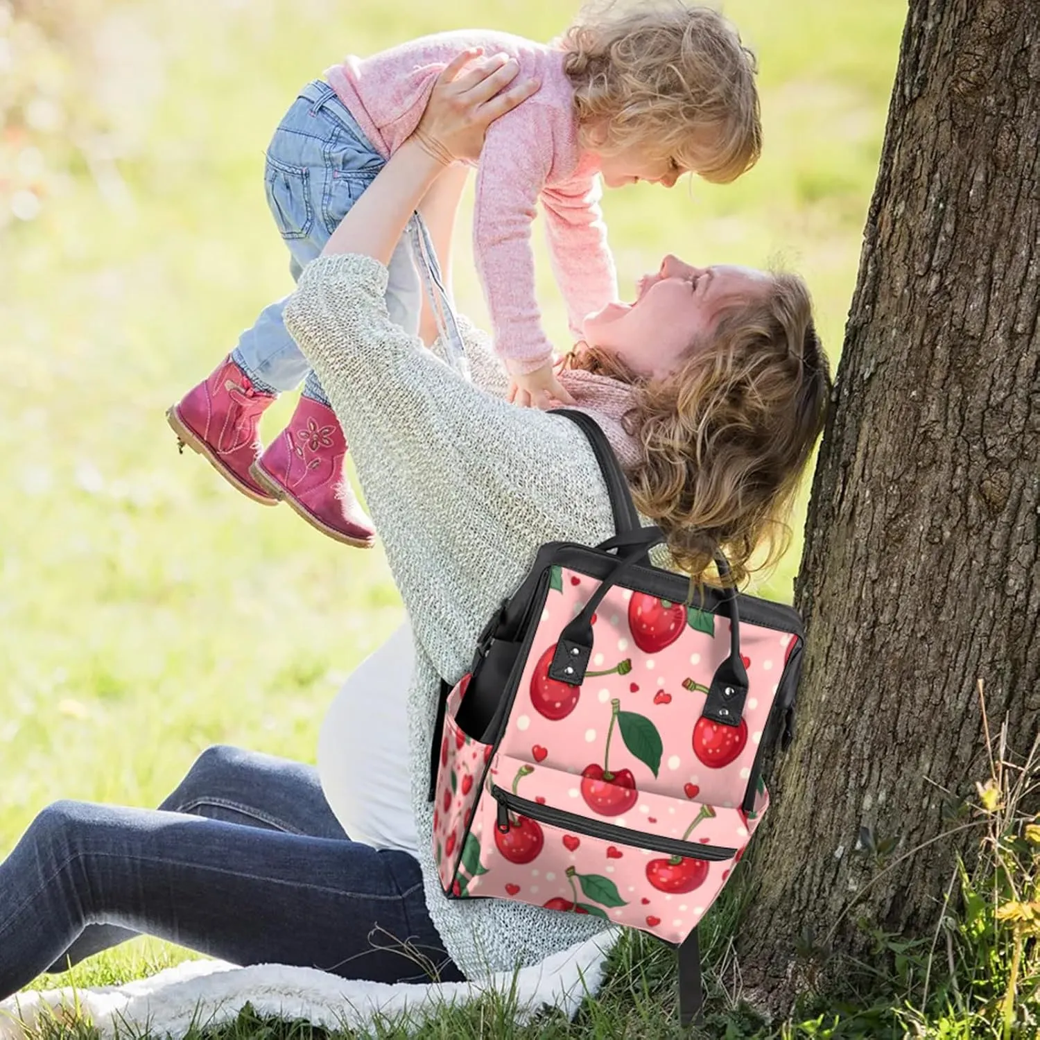 Tavisto Cherry Rhythm Beats Double Shoulder Mommy Bag for Women, Polyester Large Capacity Diaper Backpack with Multi Pockets, Waterproof Adjustable Straps Diaper Bag for Moms Dads, 11''×7''×15.7''